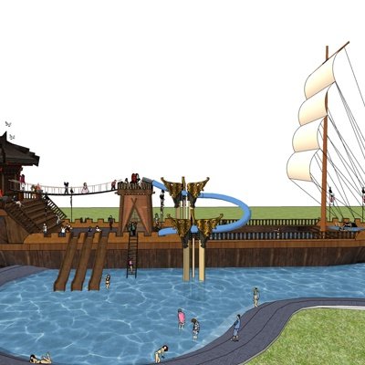 中式帆船水上滑梯su模型