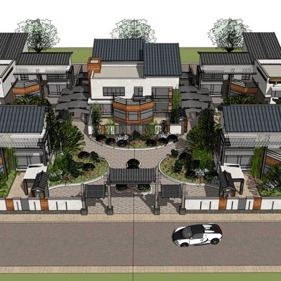 新中式别墅区规划su模型