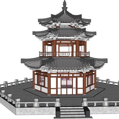 中式双层阁楼塔su模型