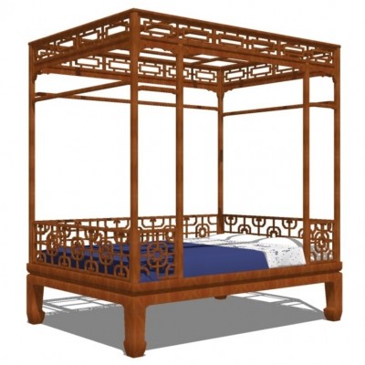中式实木双人床su模型
