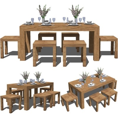 自然风原木餐桌椅su模型
