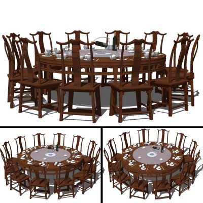 中式实木圆形餐桌椅组合su模型