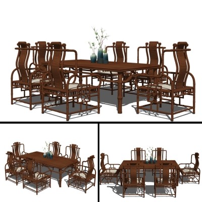 中式实木餐桌椅su模型