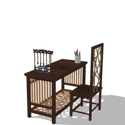 中式实木书桌椅su模型