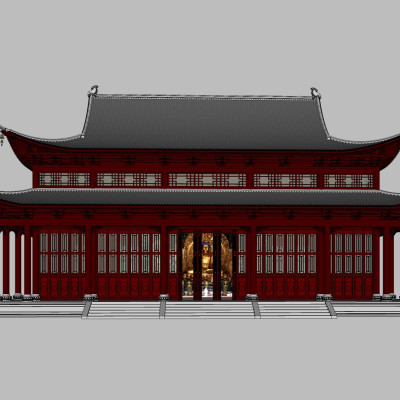 中式寺庙大雄宝殿su模型