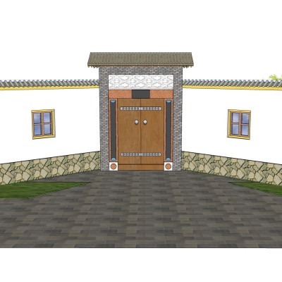 中式围墙大门组合免费su模型
