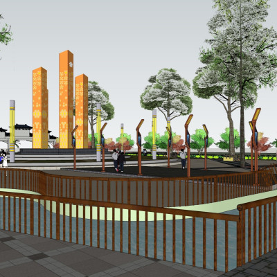 新中式广场景观su模型