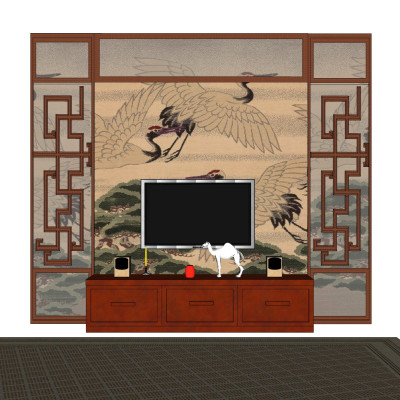 中式电视背景墙su模型