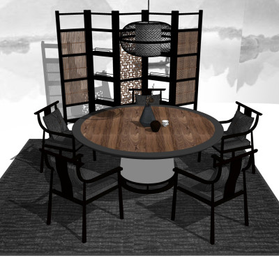 中式圆形餐桌椅su模型