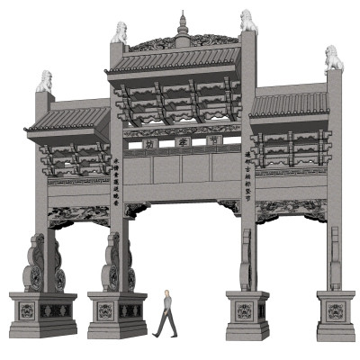 中式门楼牌坊su模型