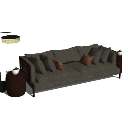 中式实木双人沙发su模型