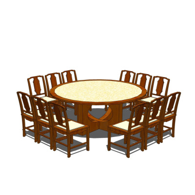 中式圆形实木餐桌椅su模型