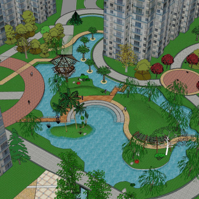 新中式小区景观su模型