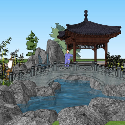 中式小桥流水景观小品su模型