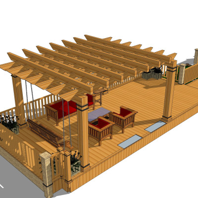 中式实木廊架su模型
