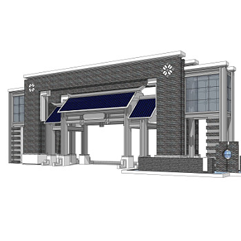中式小区大门入口su模型