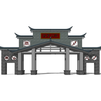 中式小区大门入口su模型