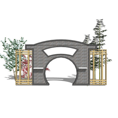 新中式月亮门景观墙su模型