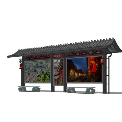 中式公交候车亭su模型