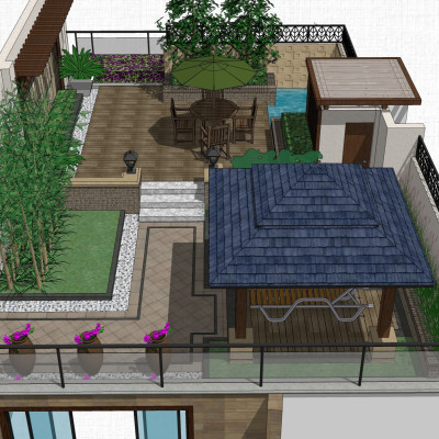中式屋顶花园su模型