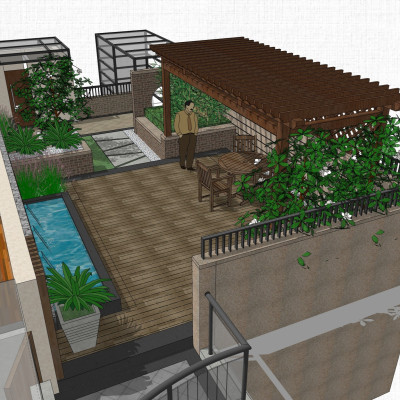 中式屋顶花园su模型