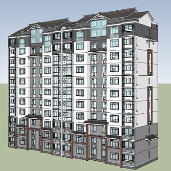 新中式住宅楼外观su模型