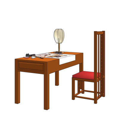 中式书桌椅su模型