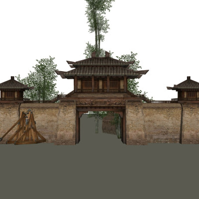 中式城墙大门su模型