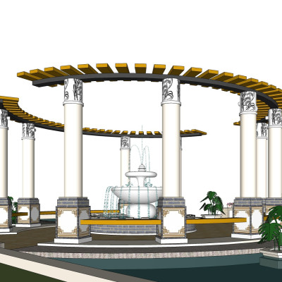 新中式廊架喷泉su模型