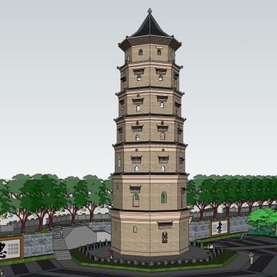 中式塔建筑su模型