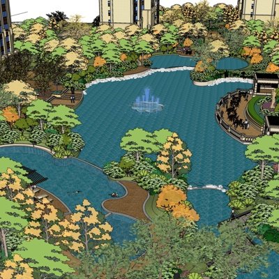 现代公园水池景观su模型
