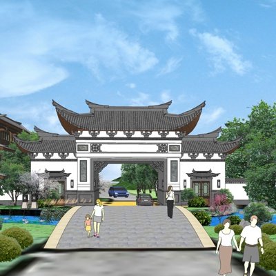 中式景观入口su模型