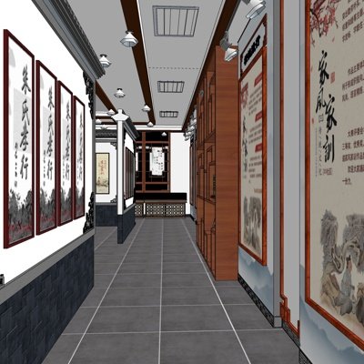 新中式展厅su模型