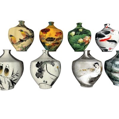 中式印花陶瓷瓷罐组合su模型