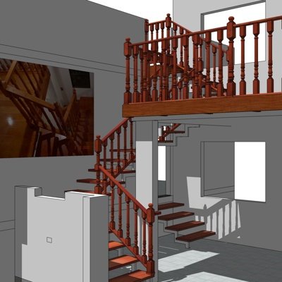 美式实木转角楼梯su模型