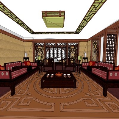 新中式客厅su模型
