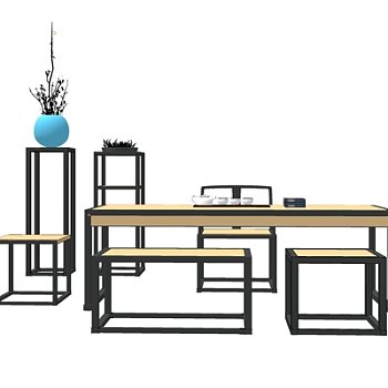 新中式条形茶桌椅su模型