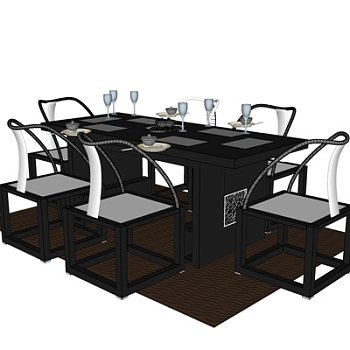 新中式实木餐桌椅su模型