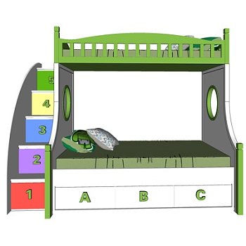 现代实木高低床su模型
