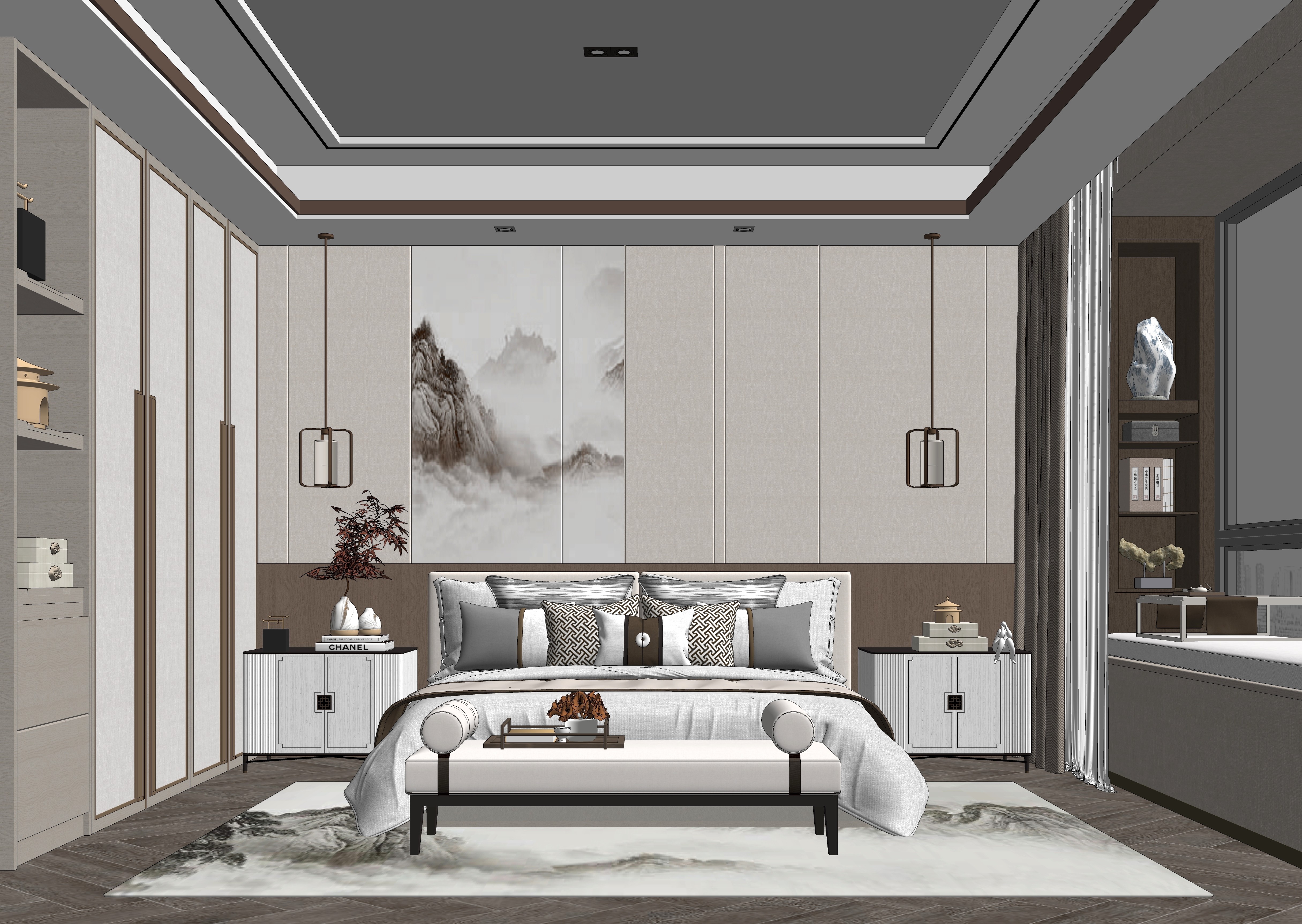 新中式家居卧室SU模型下载