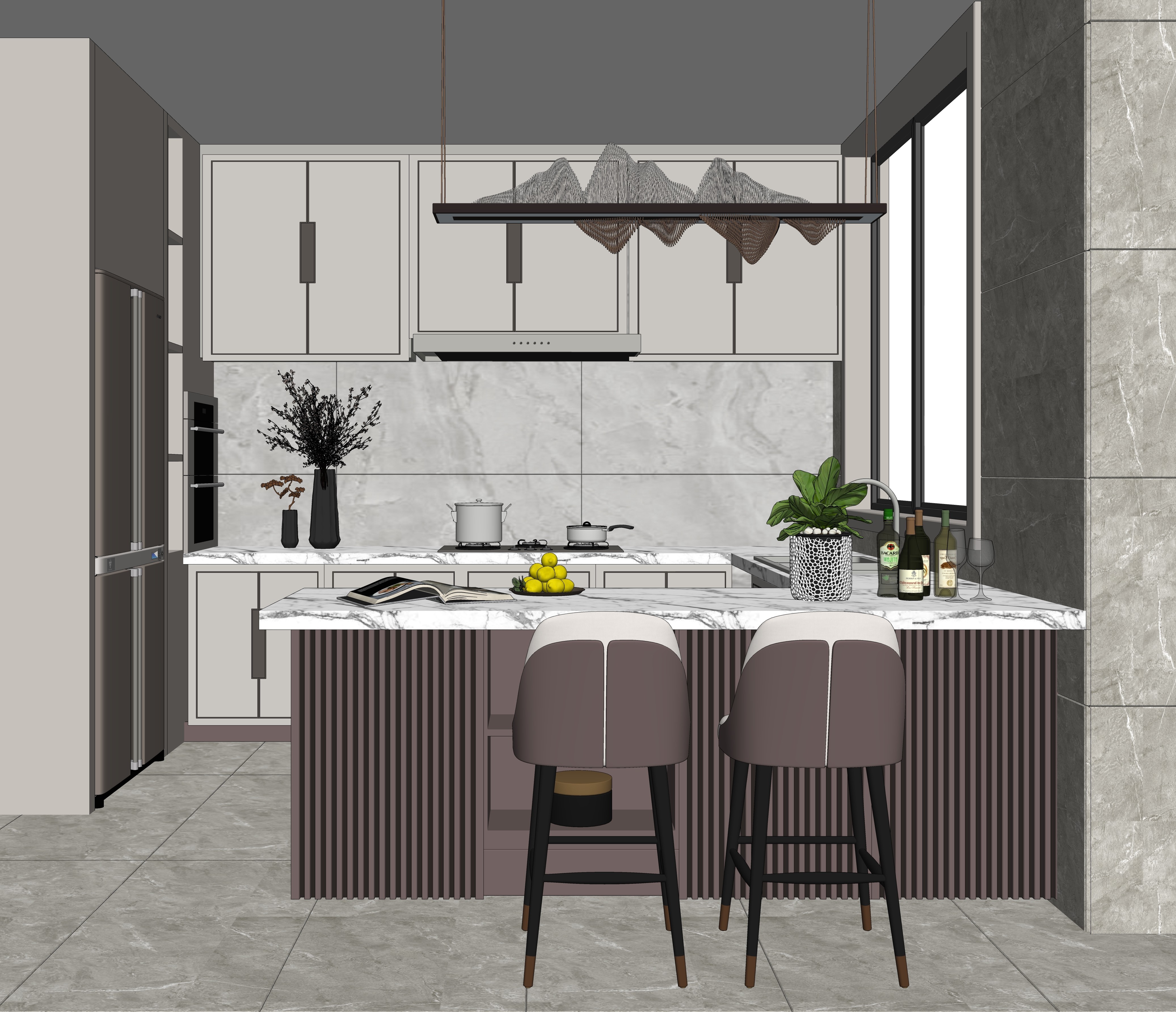 新中式家居开放厨房SU模型下载