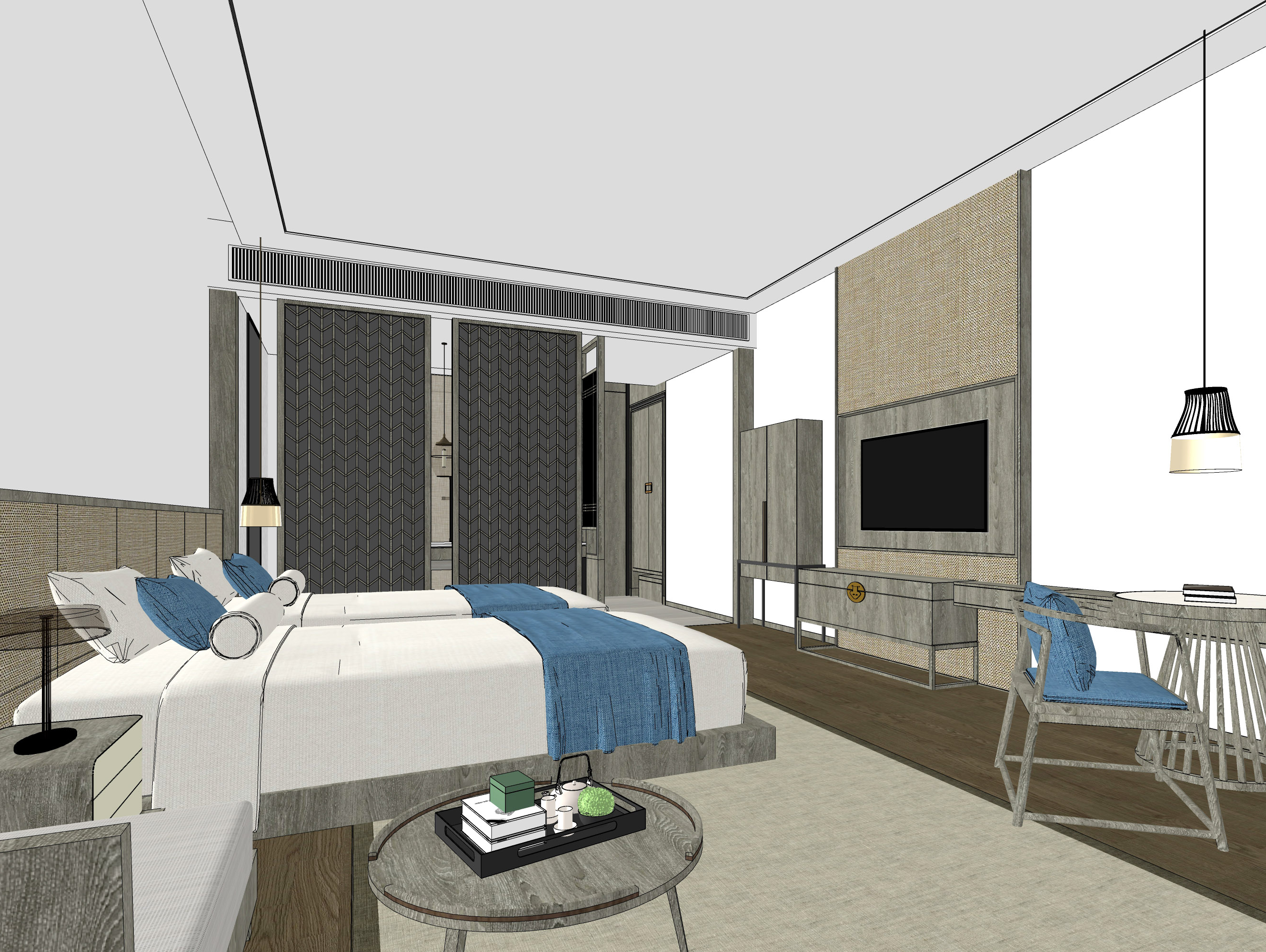 新中式酒店客房模型SU模型下载